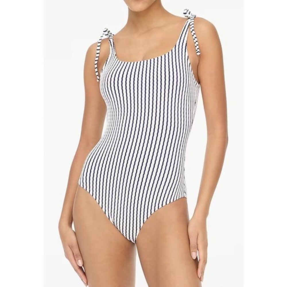 J. Crew Striped Tie-Shoulder One-Piece Swimsuit in Antique Navy and White